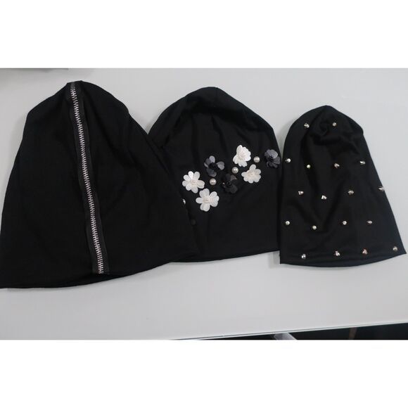 Black Beanie Zipper Flower Studs Bundle NWOT - Picture 1 of 4